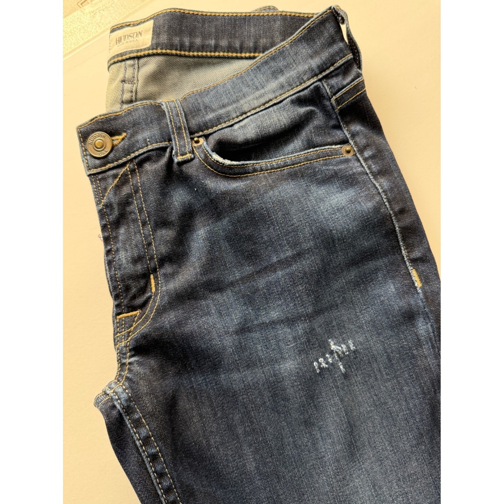 Hudson Crop Muse Skinny Factory Distressed with 5" Cuff Size 28 Dark Wash Jeans - Picture 11 of 14